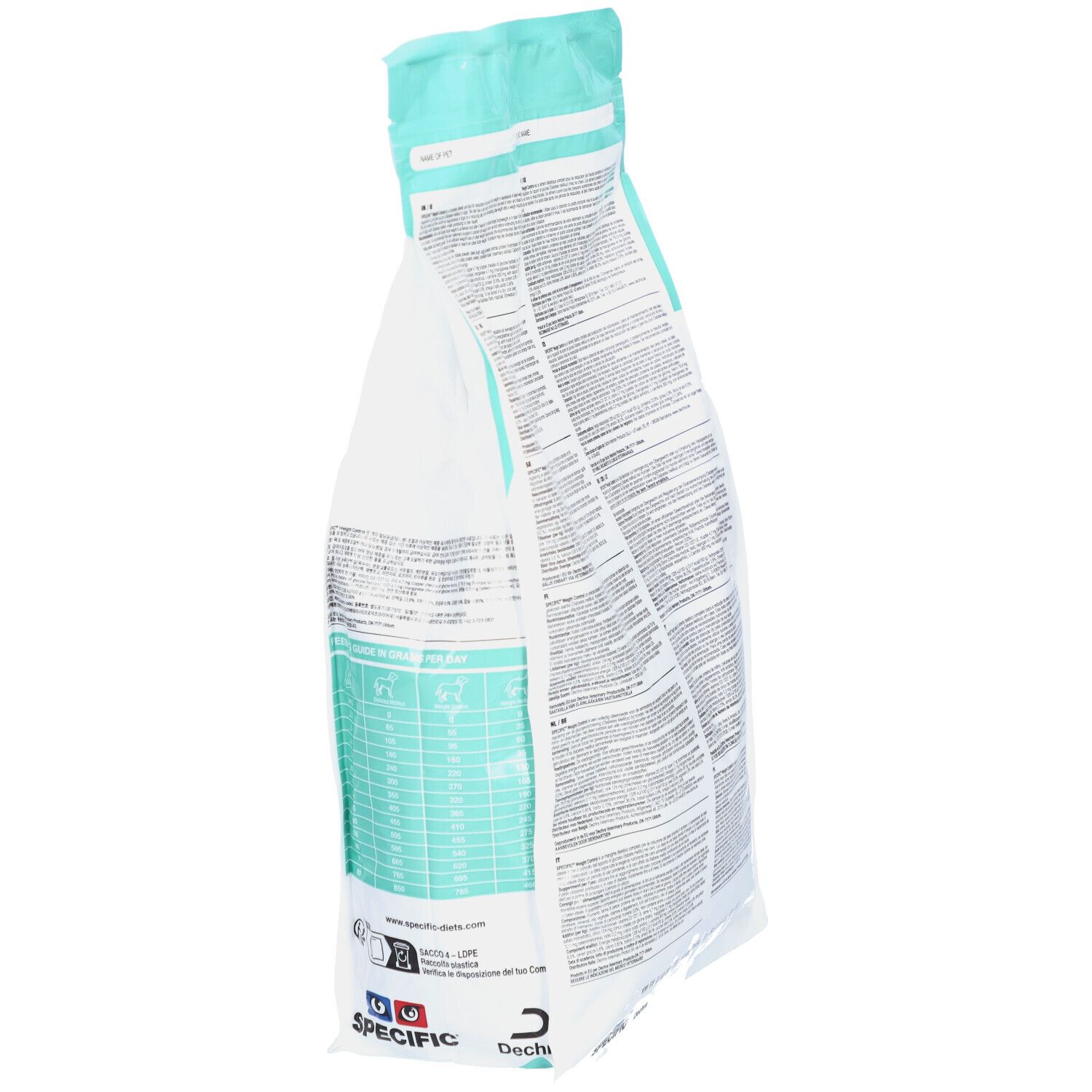 Seitenansicht des Beutels mit Tiernahrung. Textinformationen. Hellblau-weiße Verpackung. Recycling-Symbol.