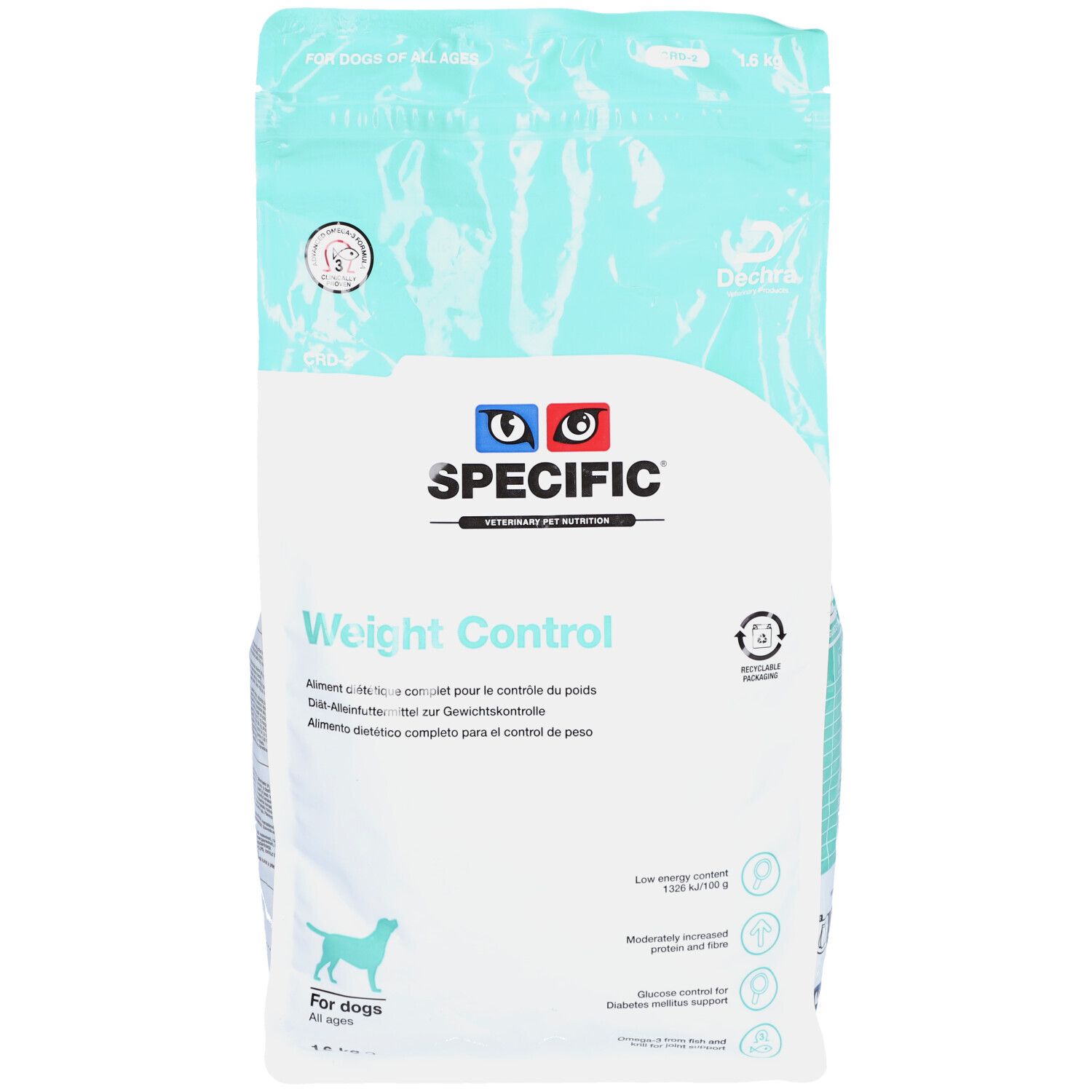 Beutel mit Tiernahrung. SPECIFIC Weight Control. Für Hunde. Hellblau-weiße Verpackung. Siegel und Recycling-Symbol.