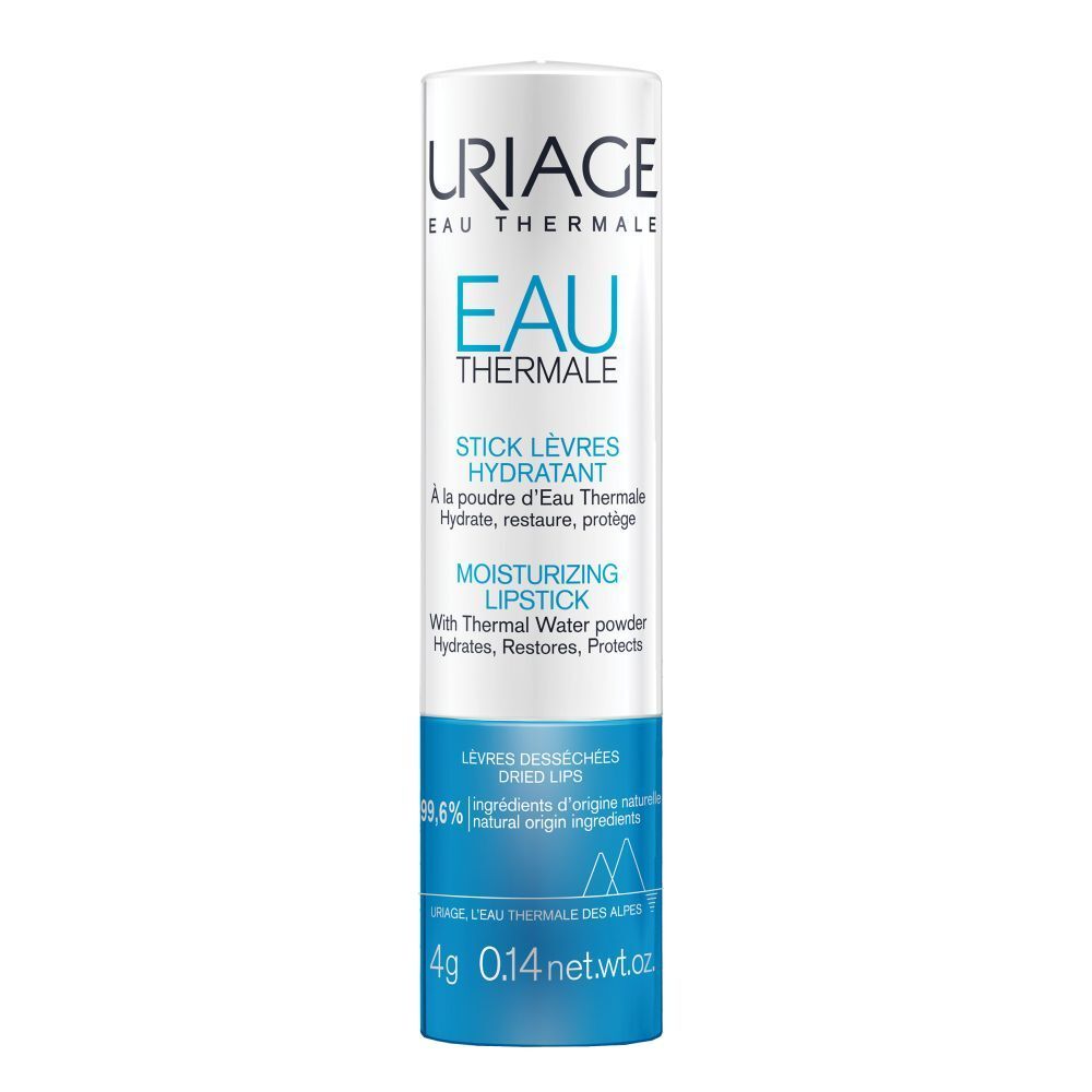 Uriage lippenbalsem. Wit en blauw design. Tekst: Eau Thermale, Stick Lèvres Hydratant, Moisturizing Lipstick.