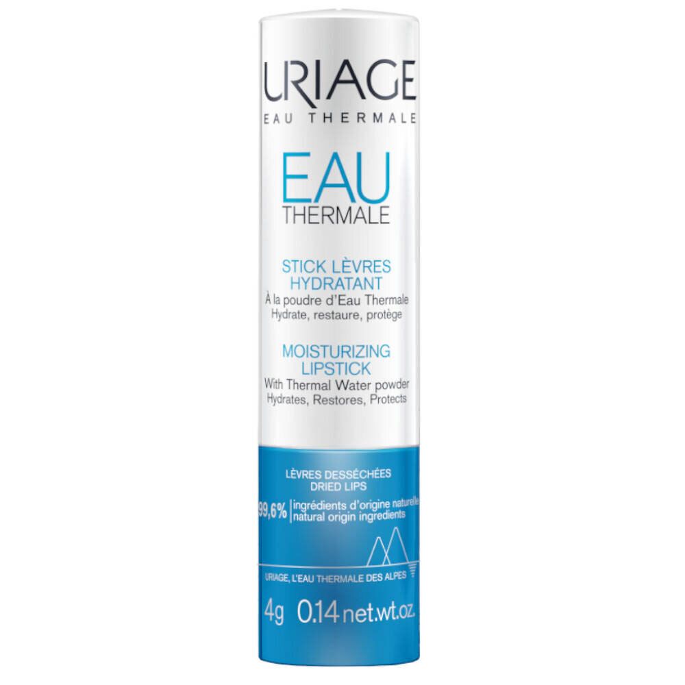 Uriage lippenbalsem. Wit en blauw design. Tekst: Eau Thermale, Stick Lèvres Hydratant, Moisturizing Lipstick.