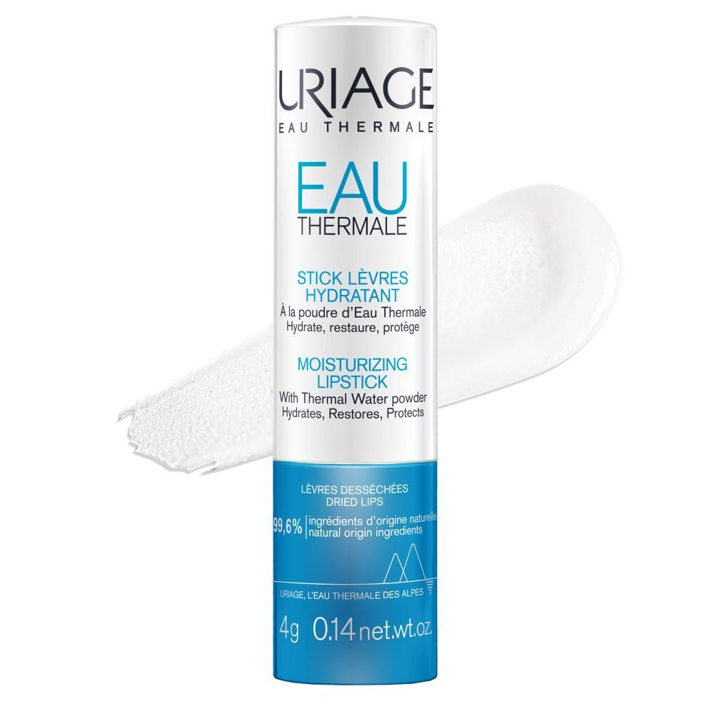 Uriage lippenbalsem. Wit en blauw design. Tekst: Eau Thermale, Stick Lèvres Hydratant, Moisturizing Lipstick.