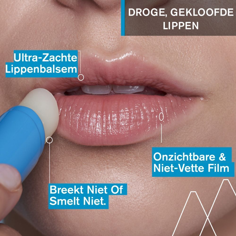 Uriage lippenbalsem. Wit en blauw design. Tekst: Eau Thermale, Stick Lèvres Hydratant, Moisturizing Lipstick.