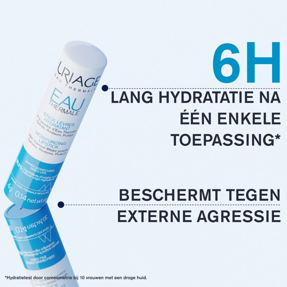 Uriage lippenbalsem. Wit en blauw design. Tekst: Eau Thermale, Stick Lèvres Hydratant, Moisturizing Lipstick.