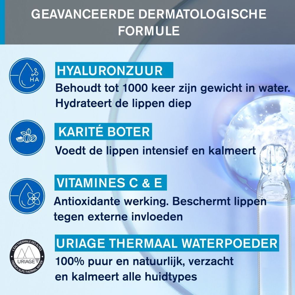 Uriage lippenbalsem. Wit en blauw design. Tekst: Eau Thermale, Stick Lèvres Hydratant, Moisturizing Lipstick.