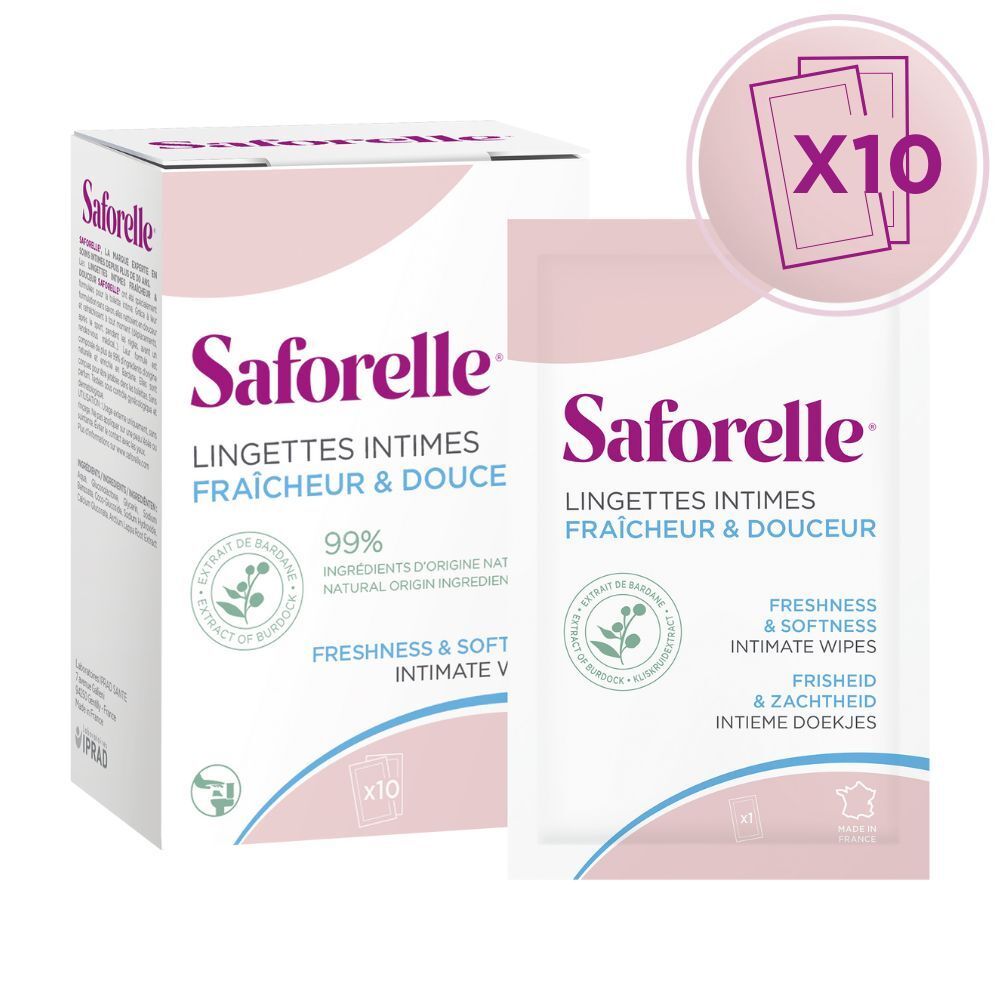 Boîte de lingettes intimes Saforelle. Emballage rose et blanc, 10 lingettes. Inscription : Fraîcheur & Douceur, 99% ingrédients d'origine naturelle.