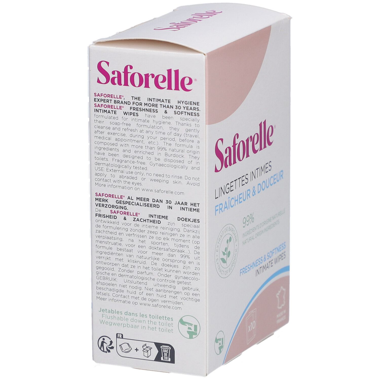 Dos de la boîte de lingettes intimes Saforelle. Texte en français, anglais et néerlandais. Ingrédients et mode d'emploi.