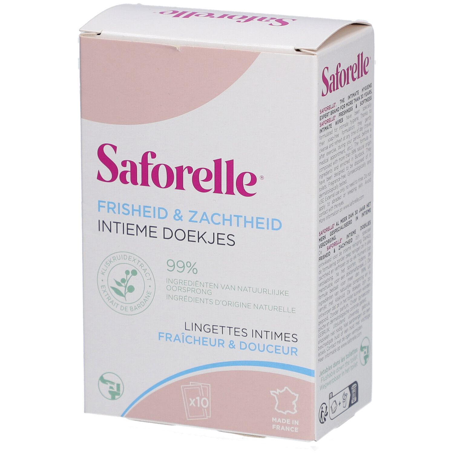 Boîte de lingettes intimes Saforelle. Emballage rose et blanc, 10 lingettes. Inscription : Fraîcheur & Douceur, 99% ingrédients d'origine naturelle.