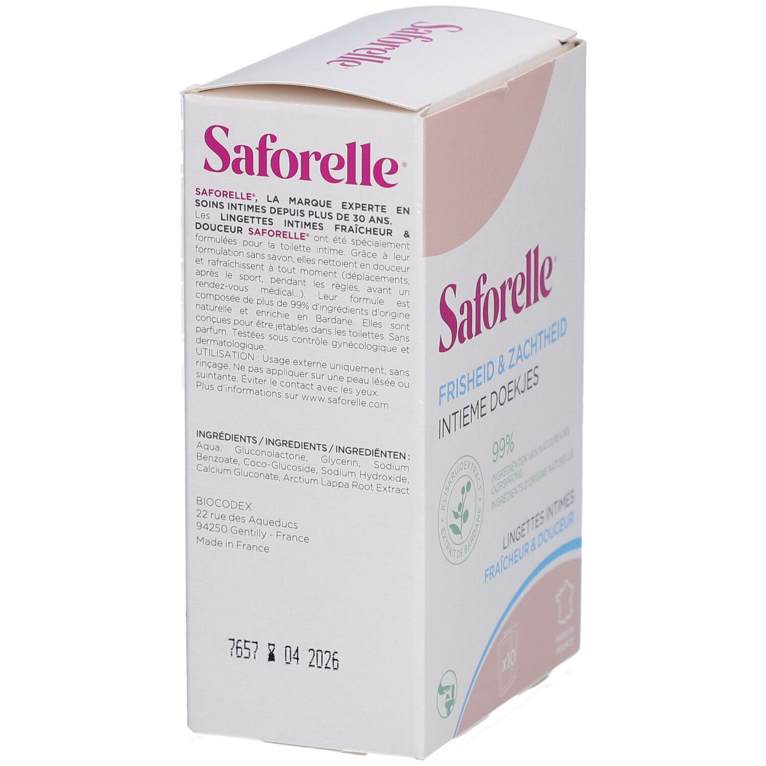 Dos de la boîte de lingettes intimes Saforelle. Texte en français, anglais et néerlandais. Ingrédients et mode d'emploi.