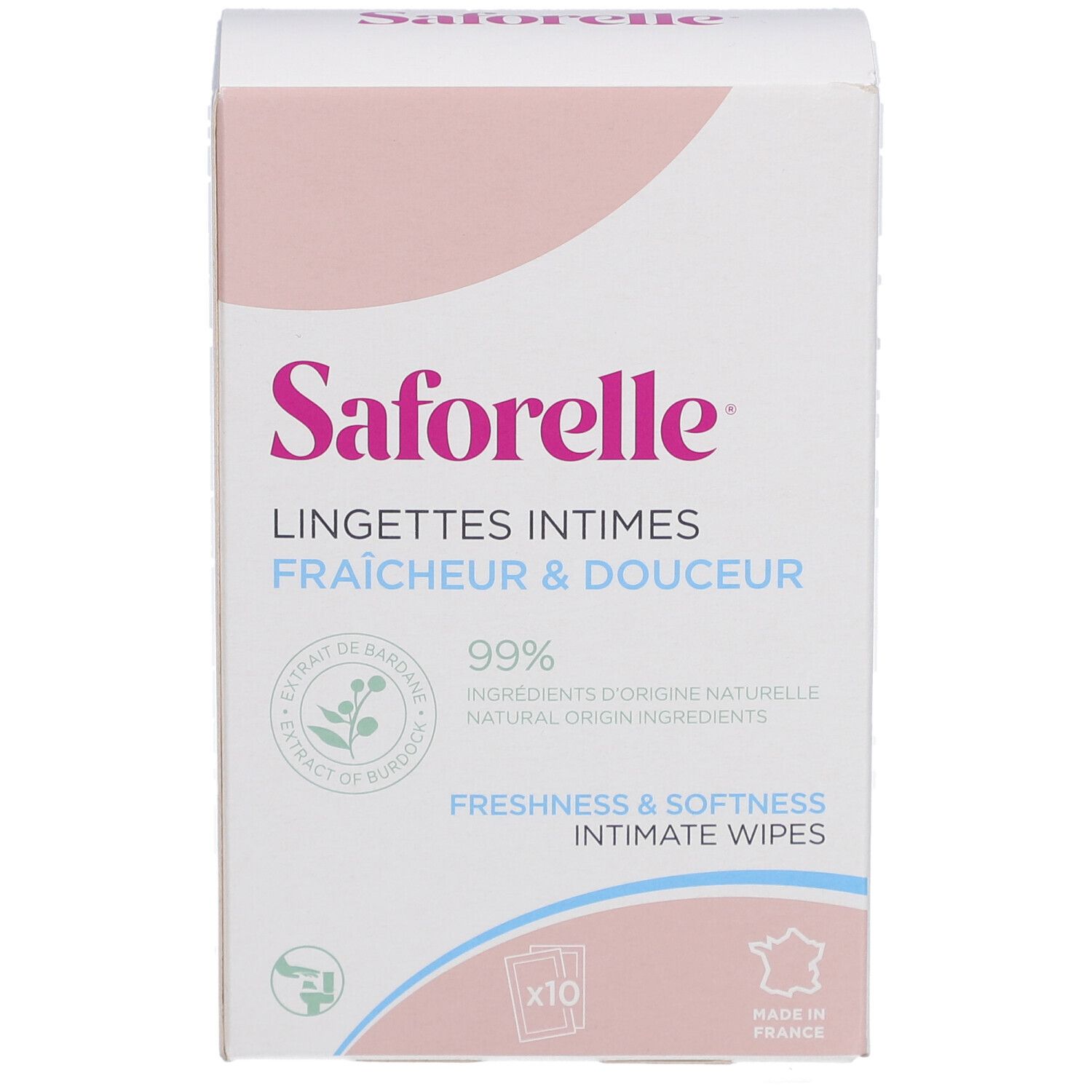 Boîte de lingettes intimes Saforelle. Emballage rose et blanc, 10 lingettes. Inscription : Fraîcheur & Douceur, 99% ingrédients d'origine naturelle.