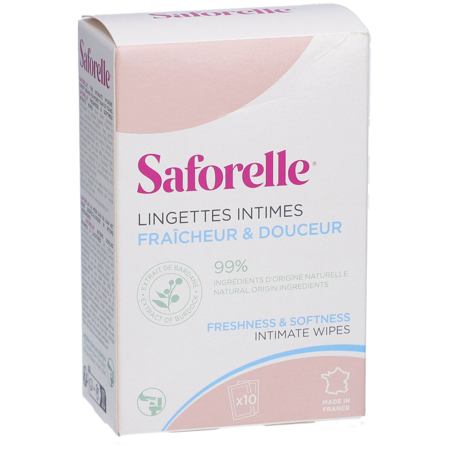 Boîte de lingettes intimes Saforelle. Emballage rose et blanc, 10 lingettes. Inscription : Fraîcheur & Douceur, 99% ingrédients d'origine naturelle.