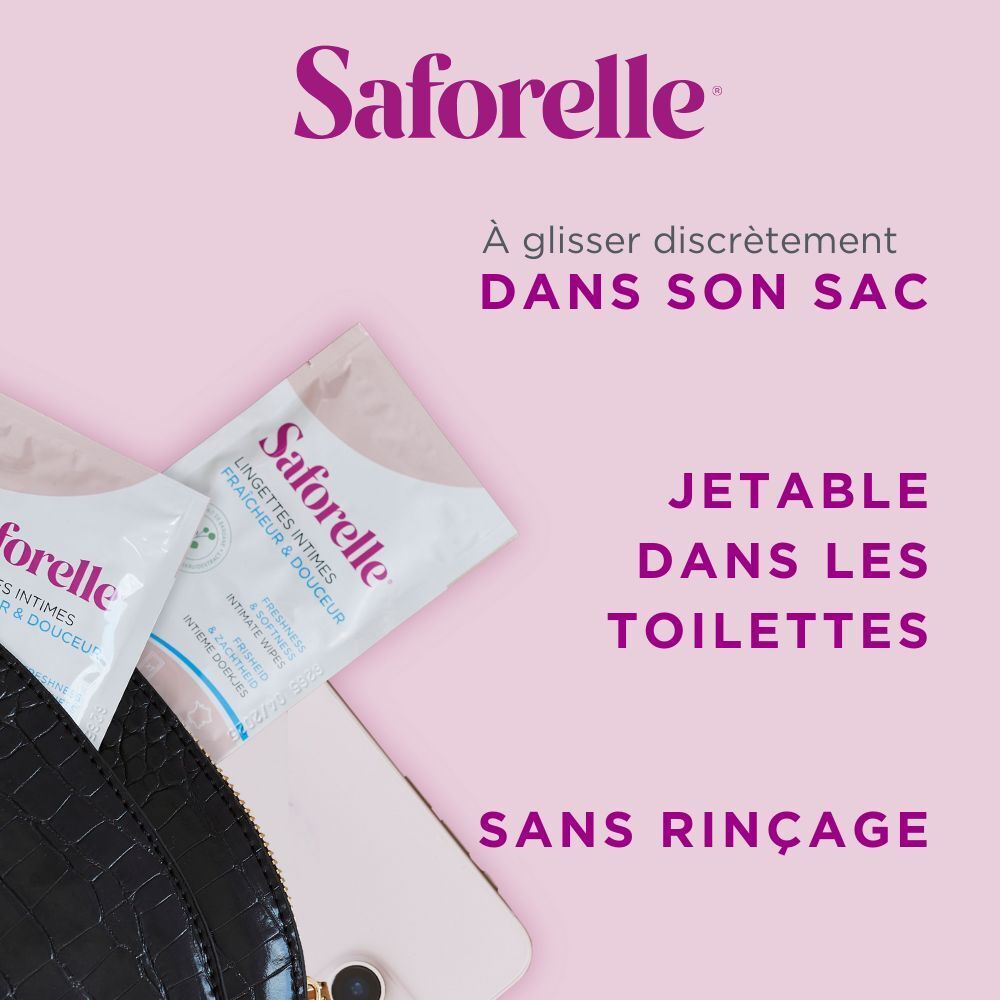 Deux sachets individuels de lingettes intimes Saforelle à côté d'un smartphone et d'un sac à main noir. Texte : Jetable dans les toilettes.