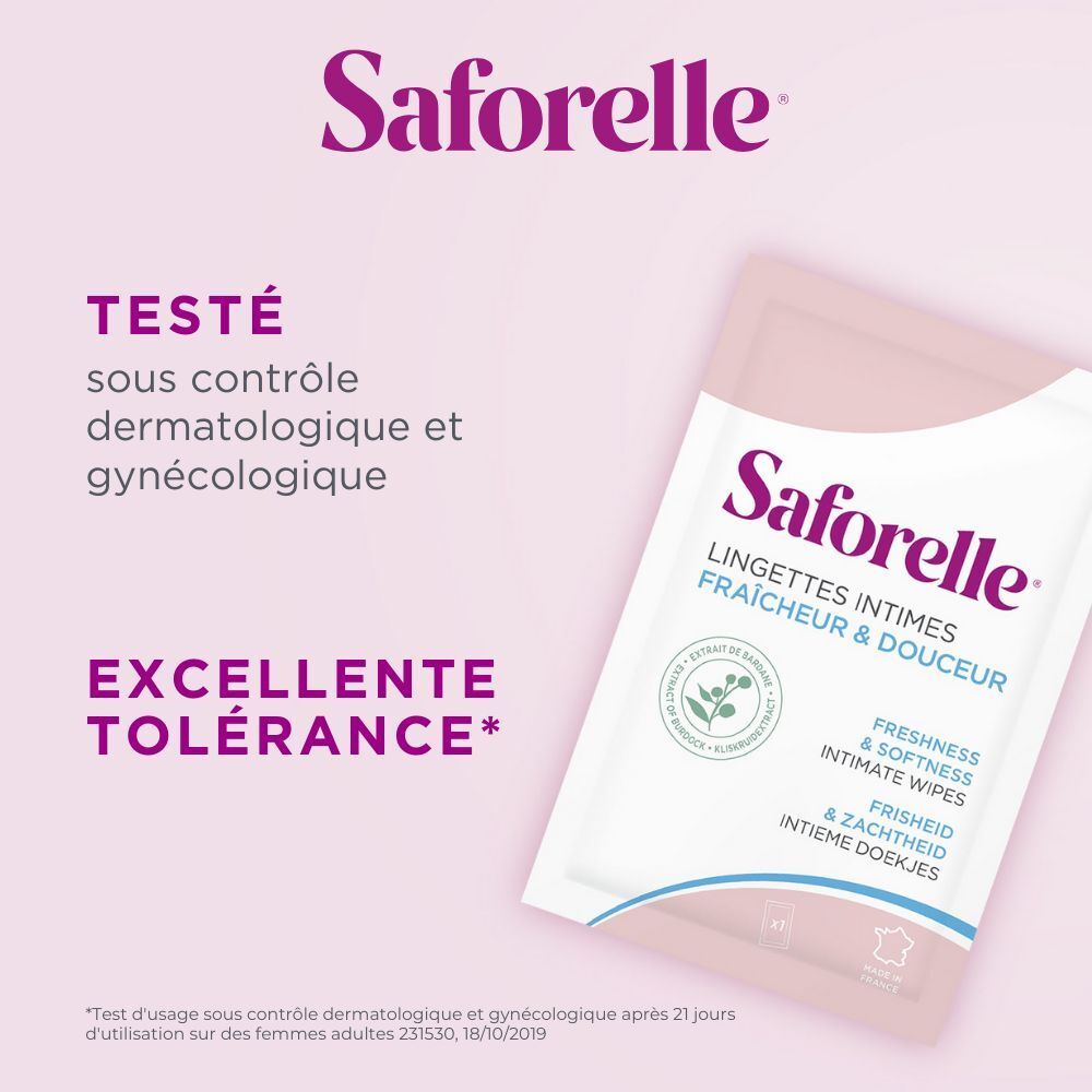 Gros plan d'un sachet individuel de lingettes intimes Saforelle. Texte : Testé sous contrôle dermatologique et gynécologique. Excellente tolérance.