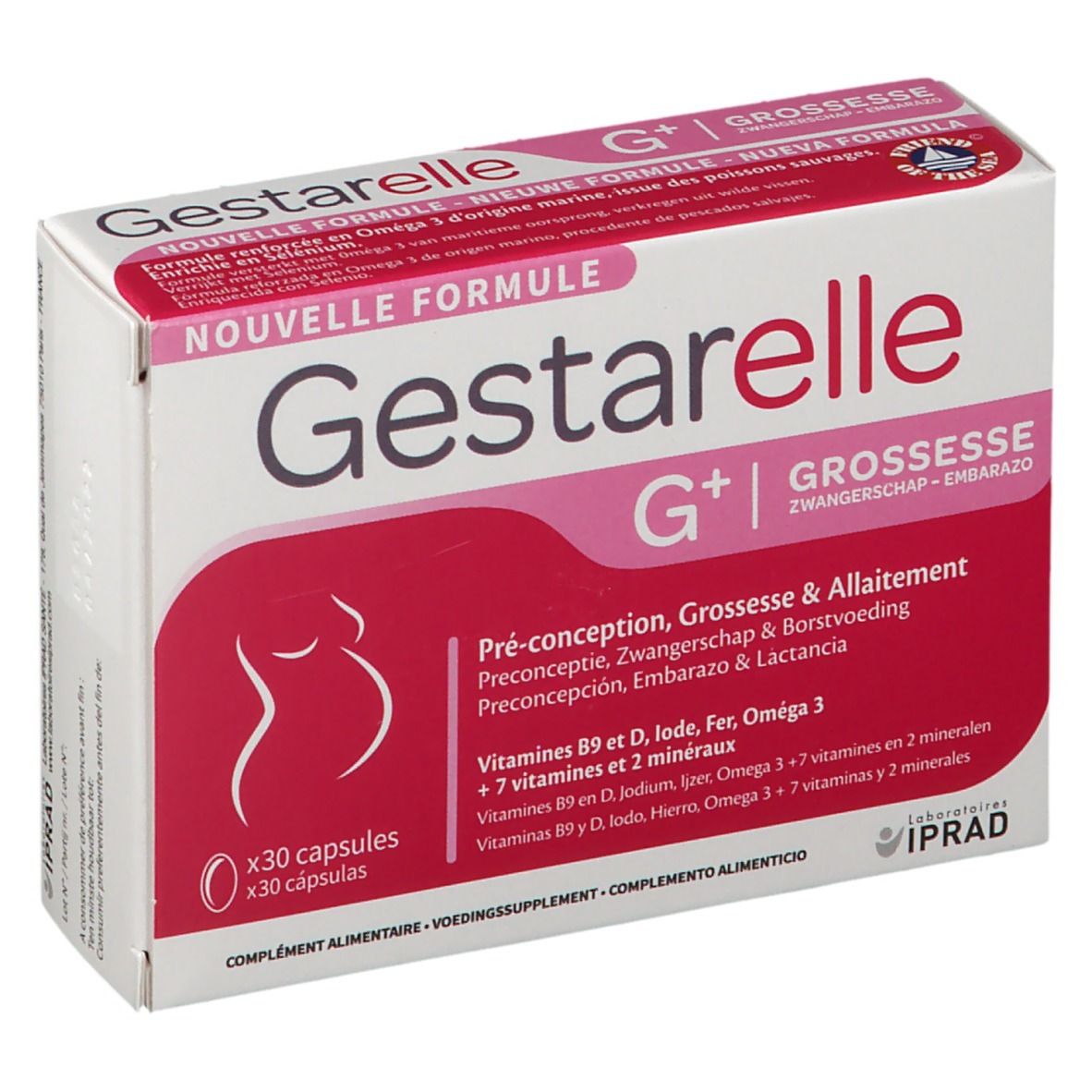 Boîte de Gestarelle G+ capsules. Emballage rose et blanc avec nom du produit et informations. 30 capsules.