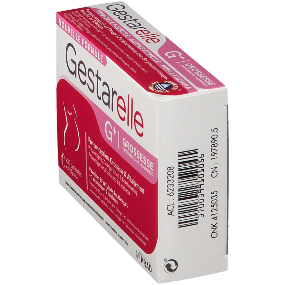 Boîte Gestarelle G+ en biais. Emballage rose et blanc avec nom du produit et informations. 30 capsules.