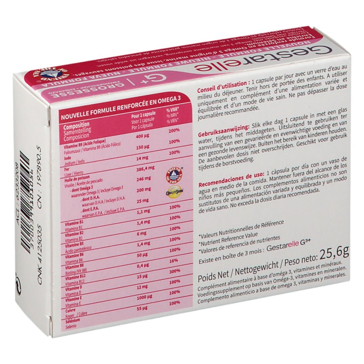 Dos de l'emballage Gestarelle G+. Contient des informations sur les ingrédients et le dosage. Texte blanc sur fond rose.