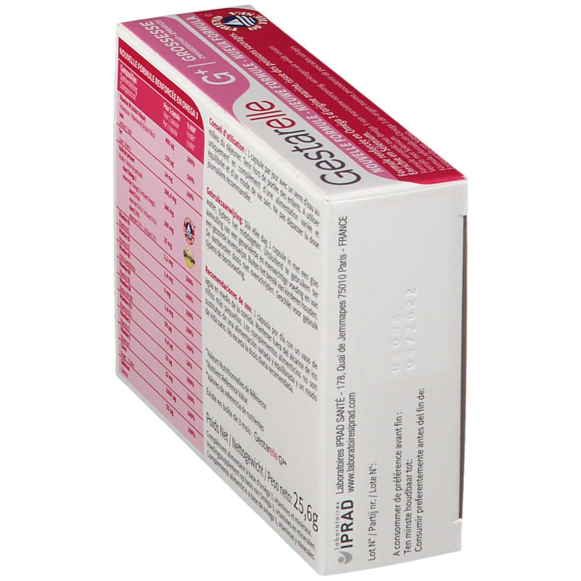 Emballage Gestarelle G+ en biais. Dos avec informations sur les ingrédients et le fabricant. Texte blanc.