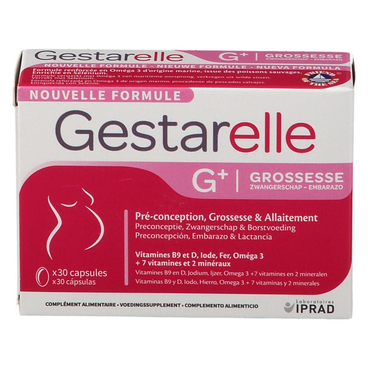 Boîte Gestarelle G+. Emballage rose et blanc avec nom du produit et informations. 30 capsules. Symbole grossesse.