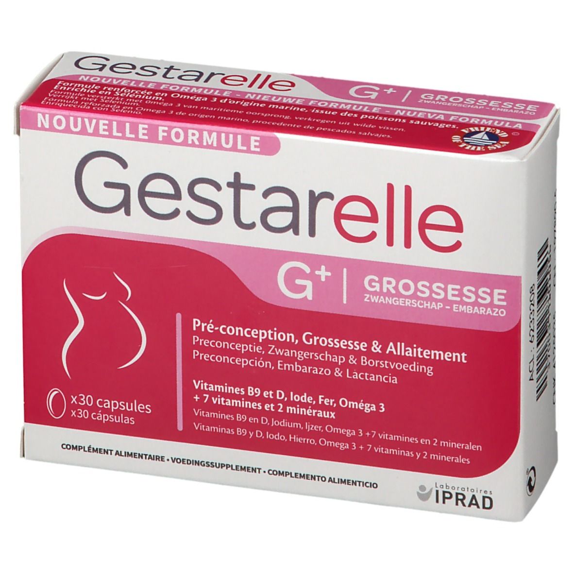 Boîte Gestarelle G+. Emballage rose et blanc avec nom du produit et informations. 30 capsules. Symbole grossesse.