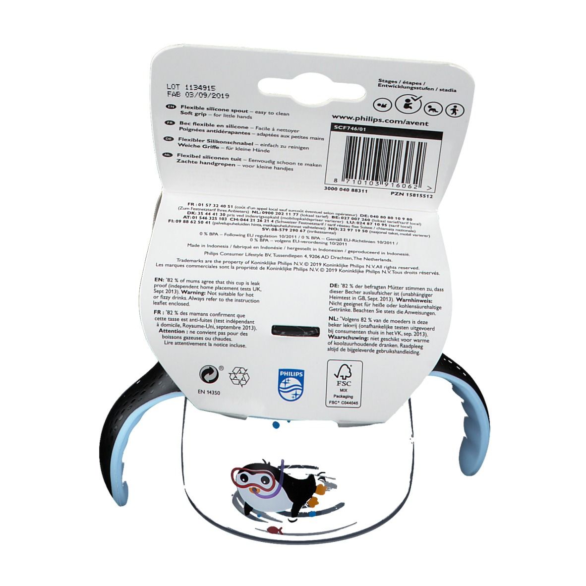 Dos de l'emballage du gobelet anti-fuite Avent. Informations produit, code-barres, logos. Embout silicone souple.
