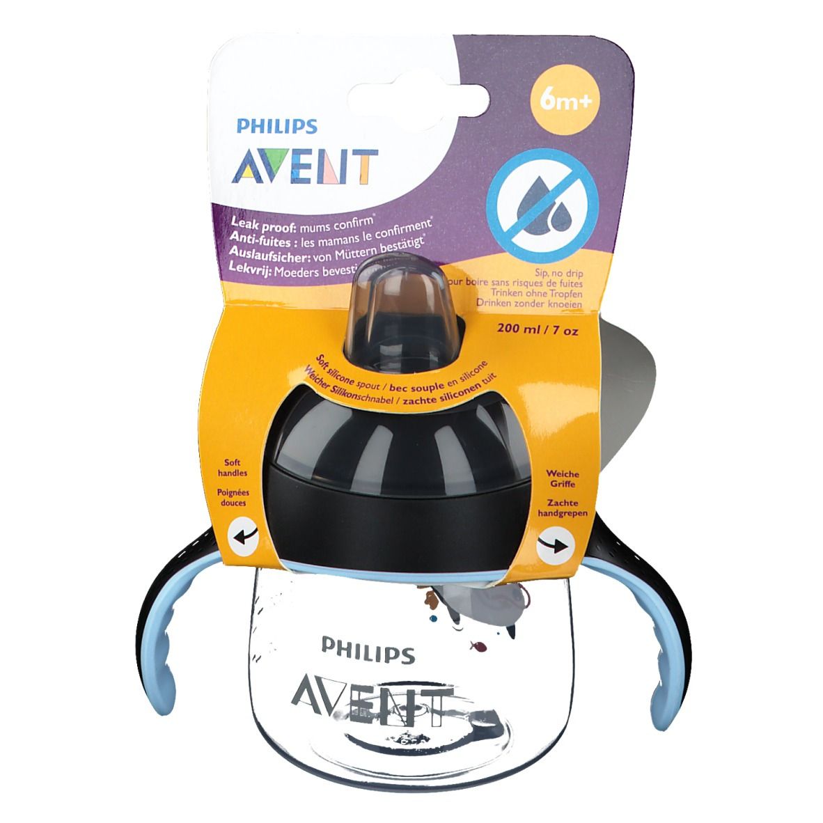 Gobelet anti-fuite Avent avec poignées. Couvercle noir, poignée bleue. Emballage avec informations produit. 6m+.