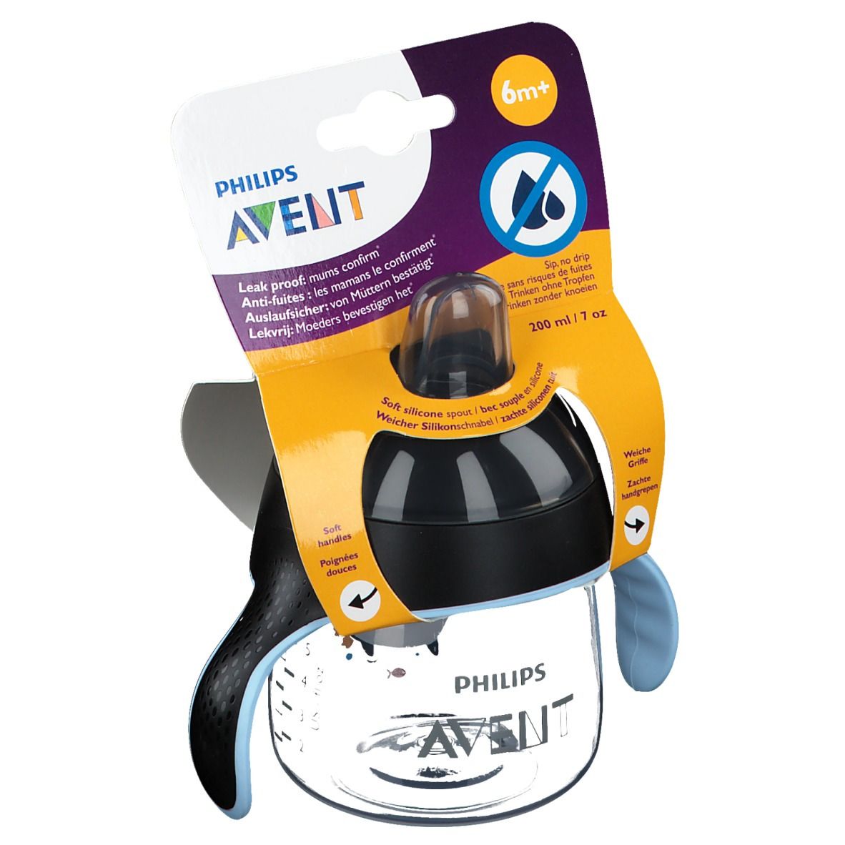 Gobelet anti-fuite Avent avec poignées. Couvercle noir, poignée bleue. Emballage avec informations produit. 6m+.