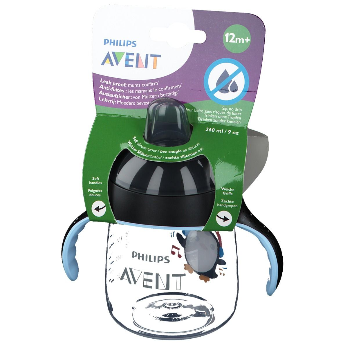 Gobelet d'apprentissage avec couvercle noir, poignées bleues et noires, motif pingouin. Emballage avec logo et indication d'âge.