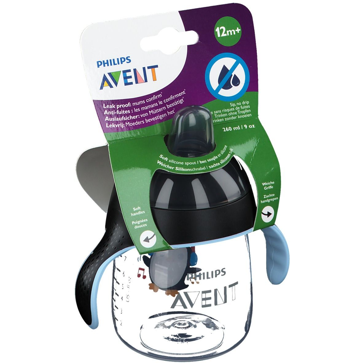 Gobelet d'apprentissage avec couvercle noir, poignées bleues et noires, motif pingouin. Emballage avec logo et indication d'âge.