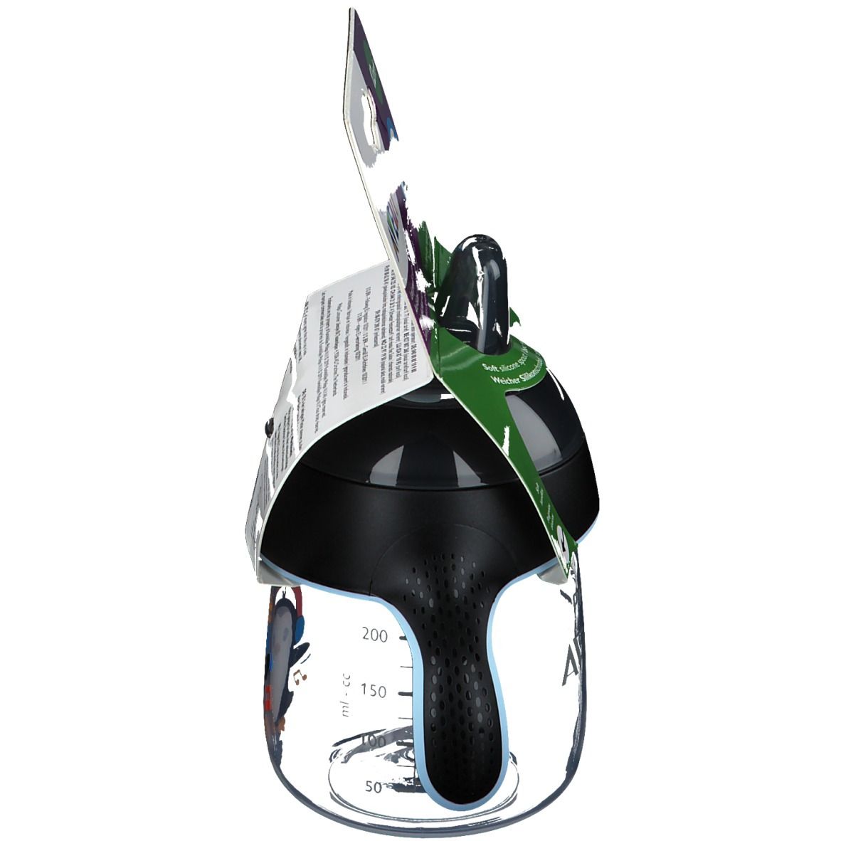 Gobelet d'apprentissage avec couvercle noir, poignée bleue et motif pingouin. Emballage avec logo et indication d'âge.