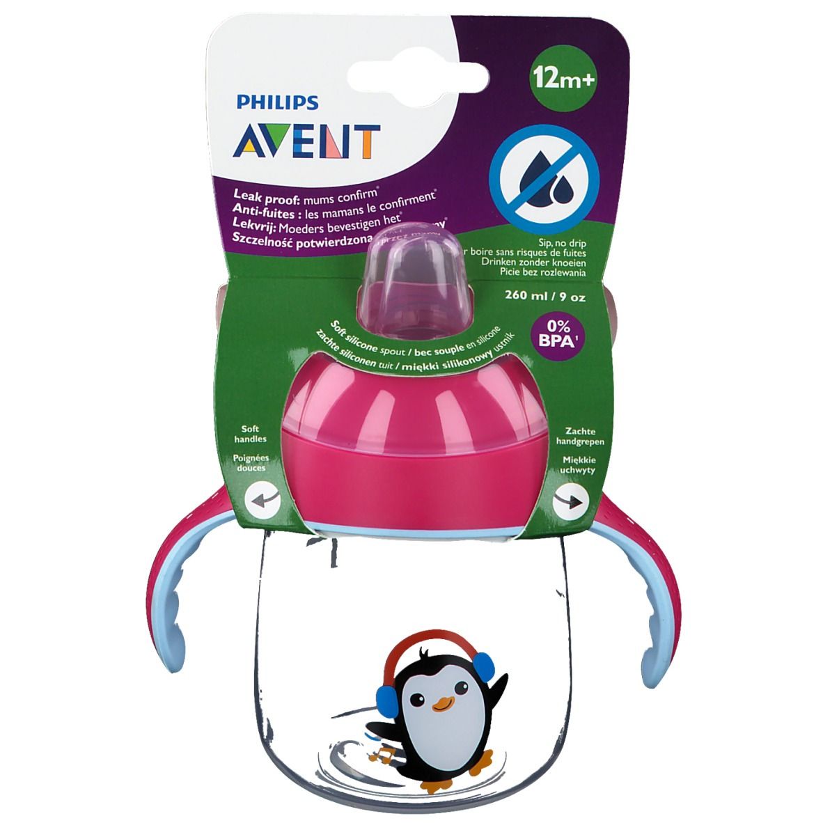 AVENT-beker, roze, met pinguïn. Met handvatten, tuit en deksel. Verpakking met productinformatie.
