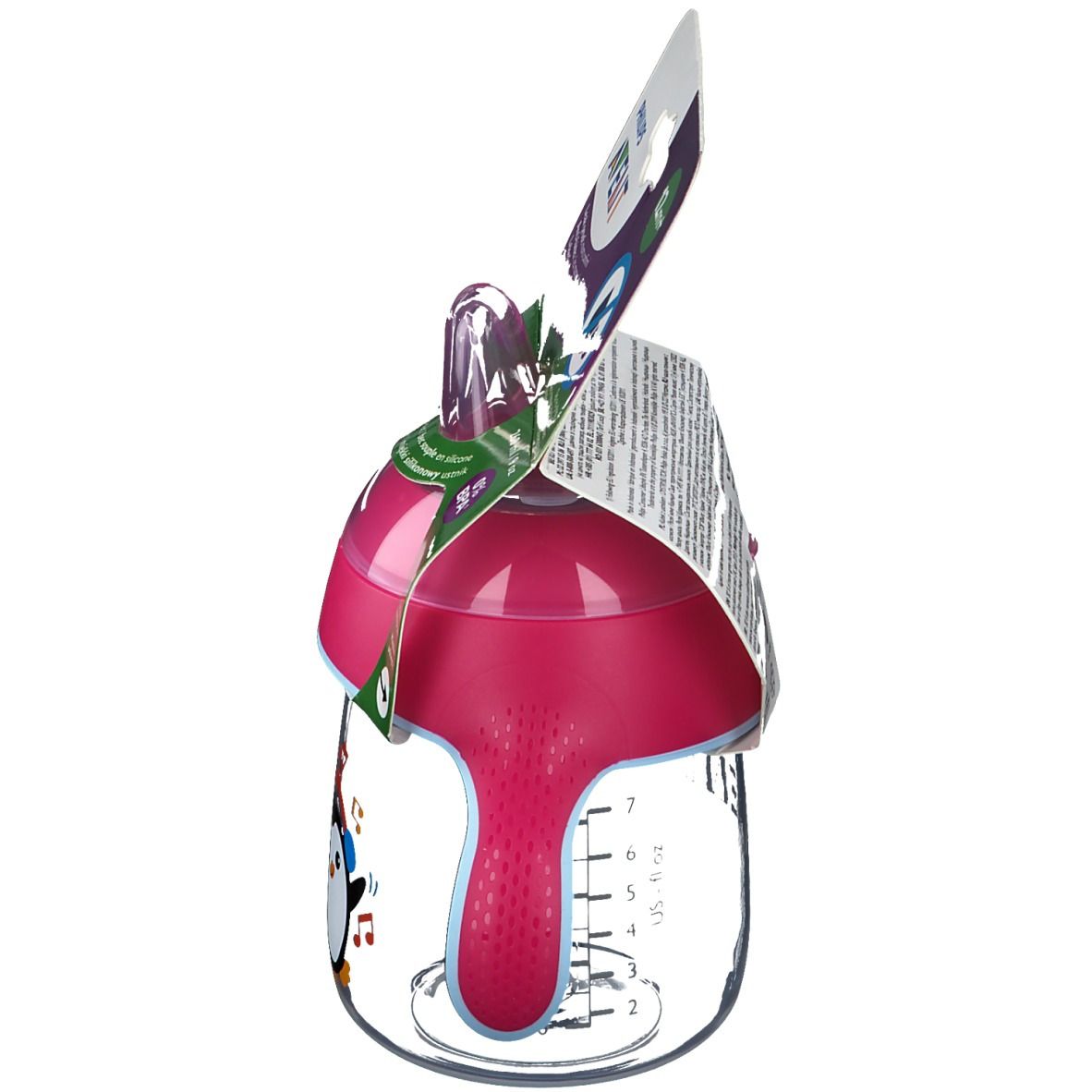 AVENT-beker, roze, met pinguïn. Zichtbaar: tuit, deksel, maatschaal. Productverpakking met informatie.