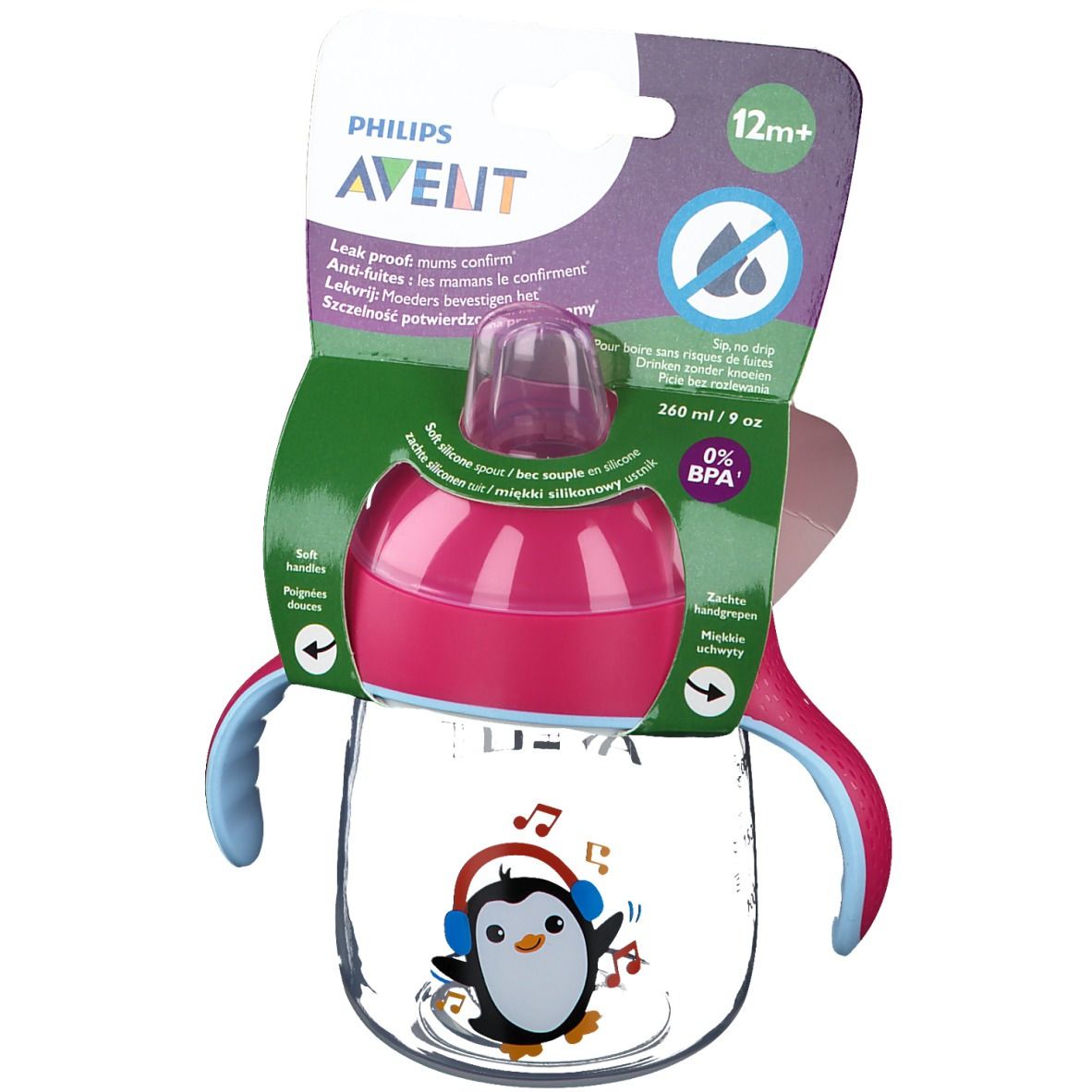AVENT-beker, roze, met pinguïn. Met handvatten, tuit en deksel. Verpakking met productinformatie.
