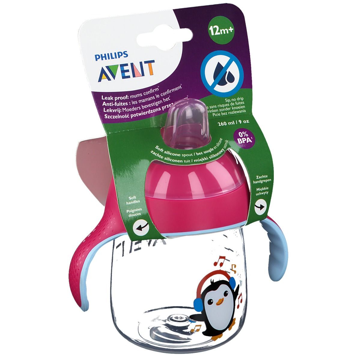 AVENT-beker, roze, met pinguïn. Met handvatten, tuit en deksel. Verpakking met productinformatie.