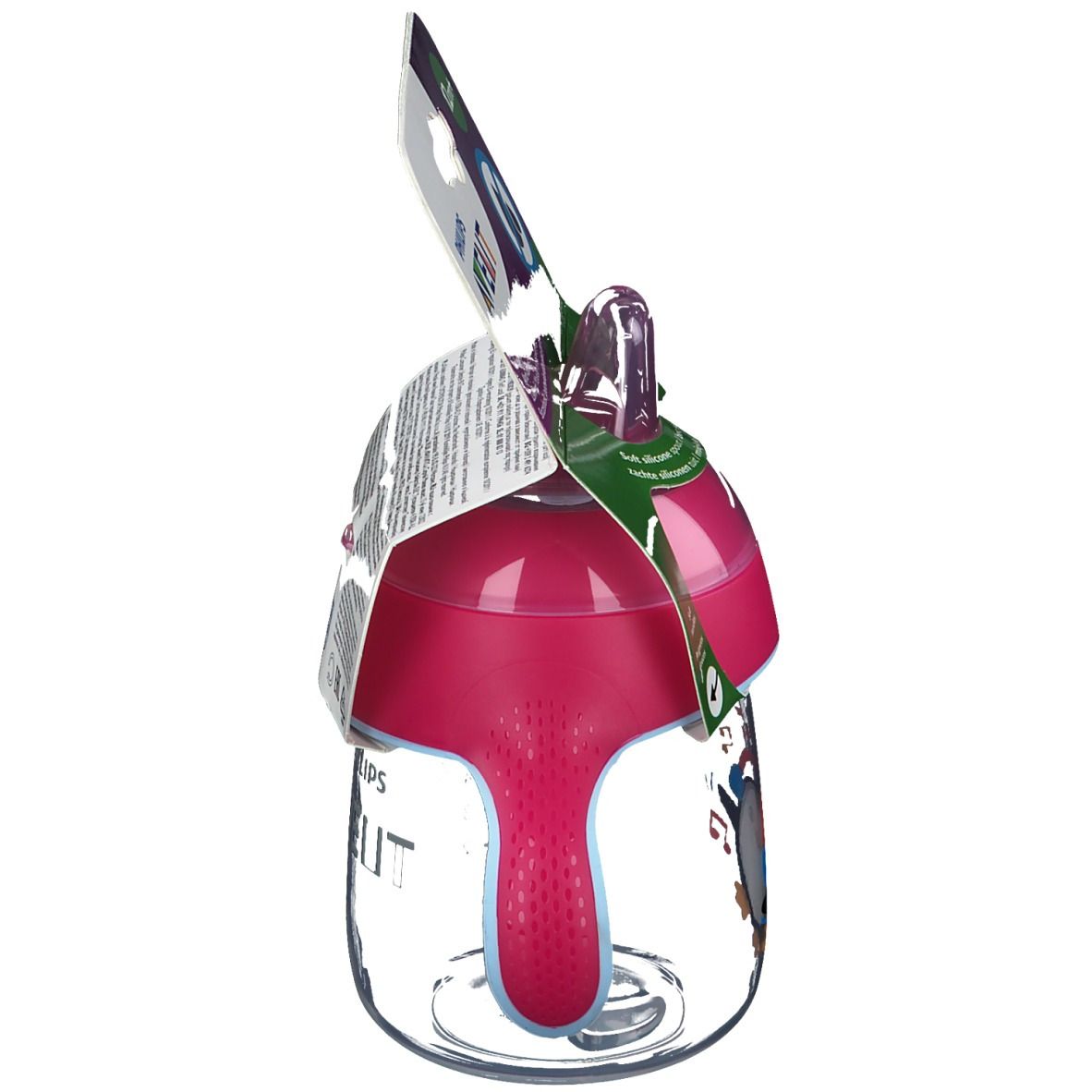 AVENT-beker, roze, met pinguïn. Zichtbaar: tuit, deksel, maatschaal. Productverpakking met informatie.