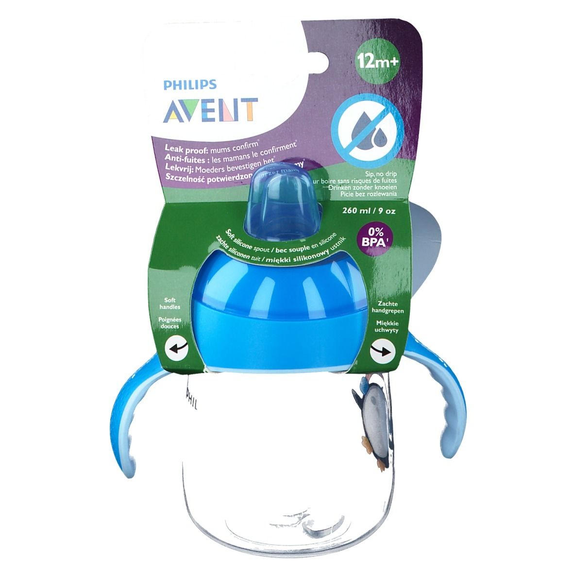 Gobelet avec couvercle et poignées bleus. Emballage avec informations produit. Sans BPA. Recommandé pour les 12 mois et plus.