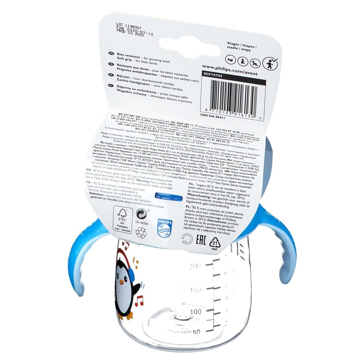 Dos du gobelet avec poignées bleues. Informations produit et certifications sur l'emballage.