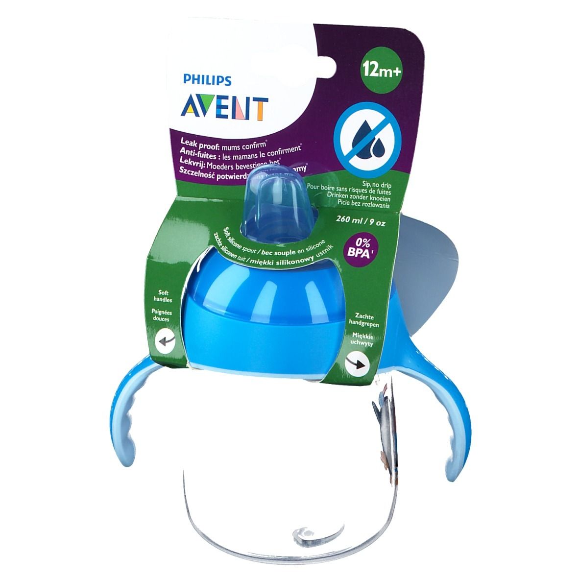 Gobelet avec couvercle et poignées bleus. Emballage avec informations produit. Sans BPA. Recommandé pour les 12 mois et plus.