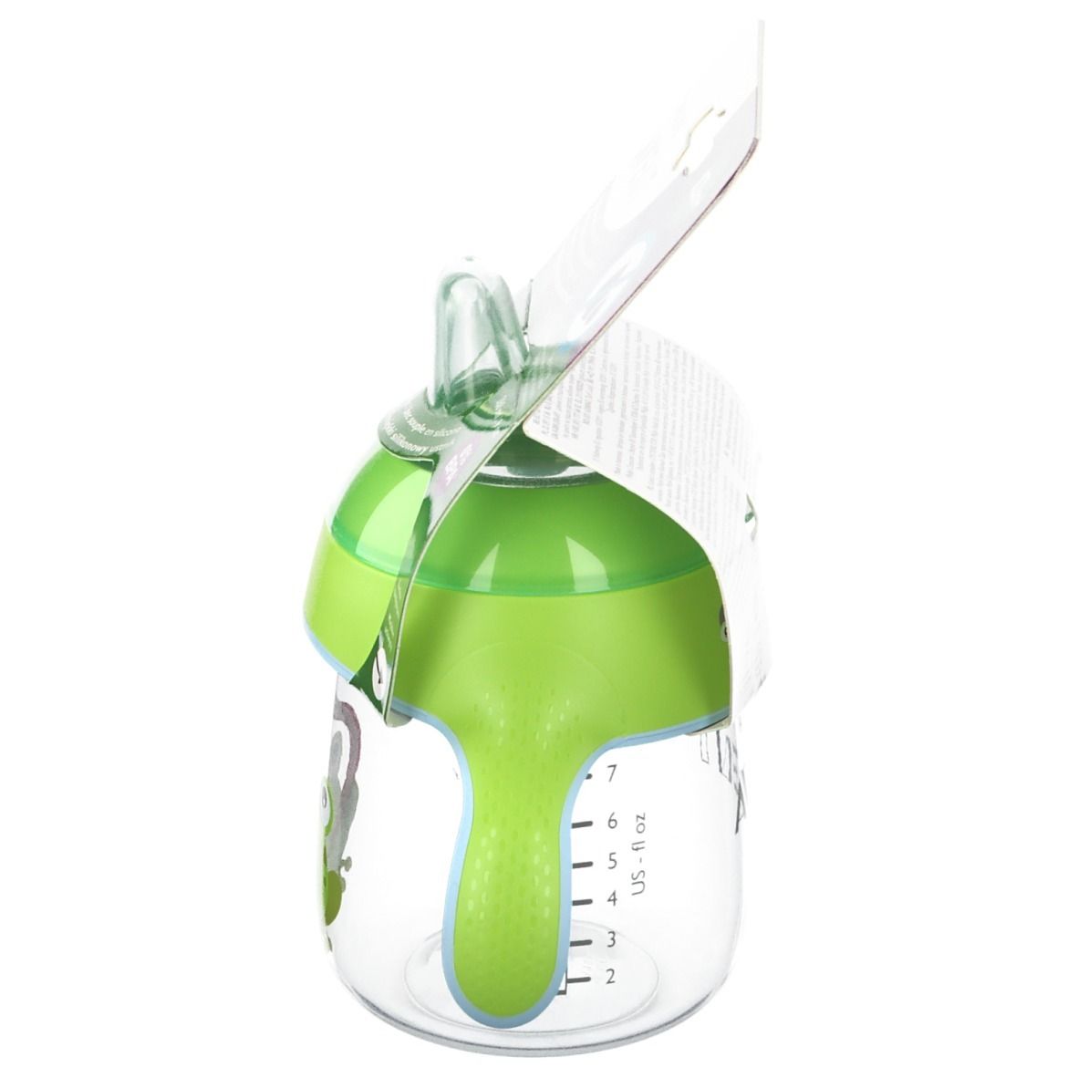 Gobelet avec couvercle et poignée verts. Emballage avec informations produit. Vue latérale avec échelle de mesure.