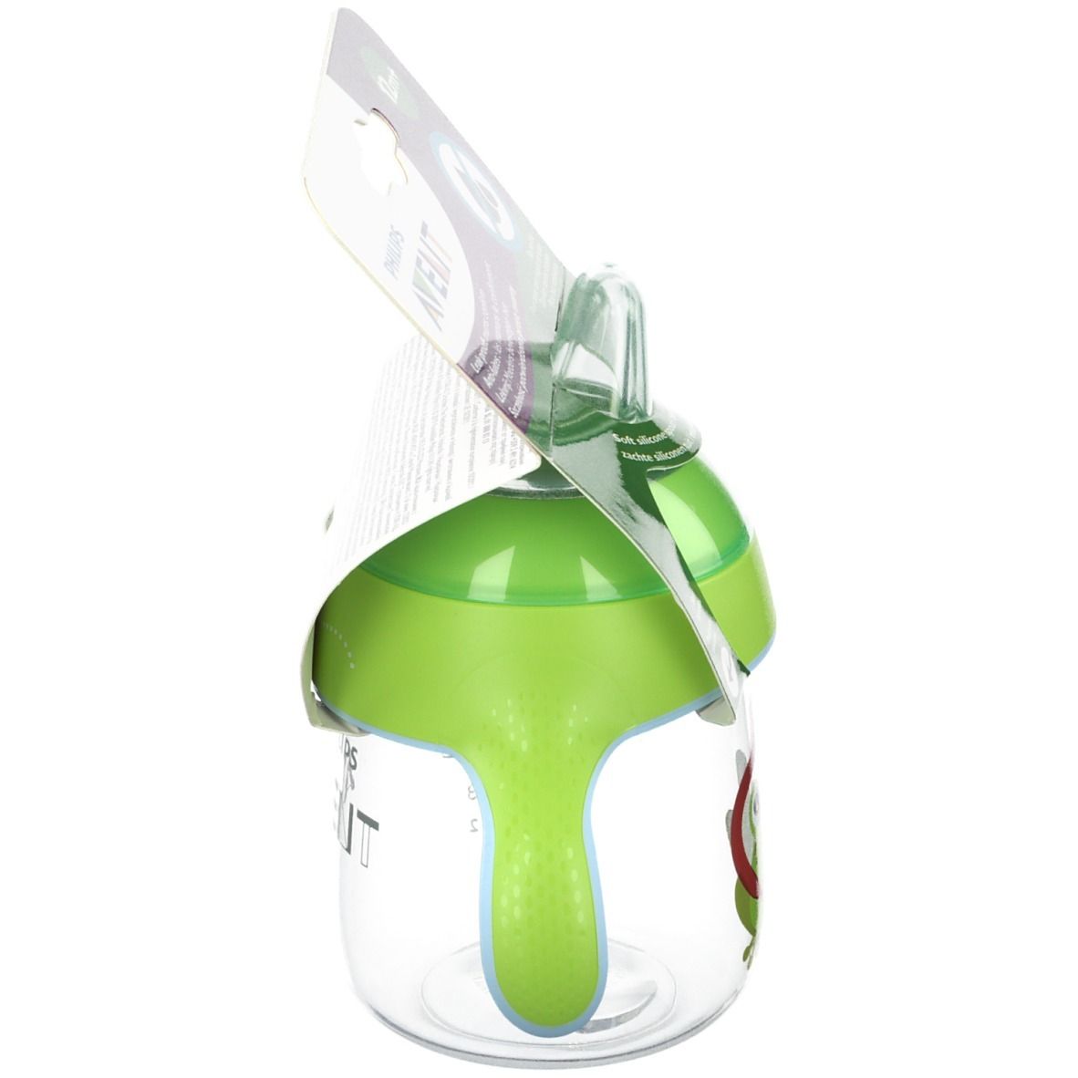 Gobelet avec couvercle et poignée verts. Emballage avec informations produit. Vue latérale.