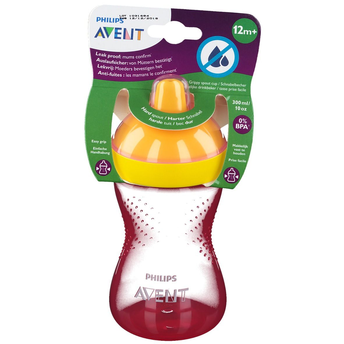 Gobelet à bec dur jaune-orange, avec poignées. Emballage avec informations sur le produit.