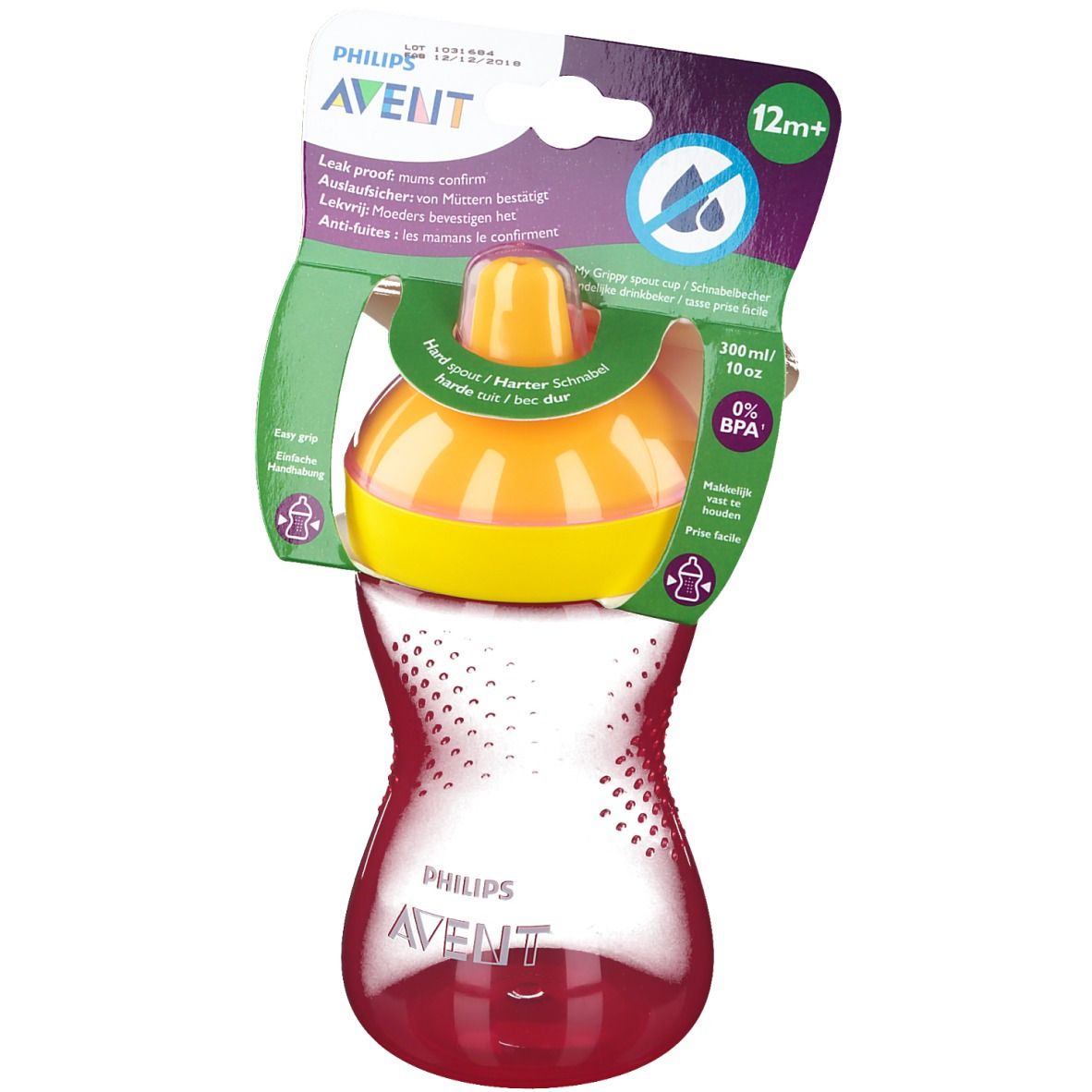 Gobelet à bec dur jaune-orange, avec poignées. Emballage avec informations sur le produit.
