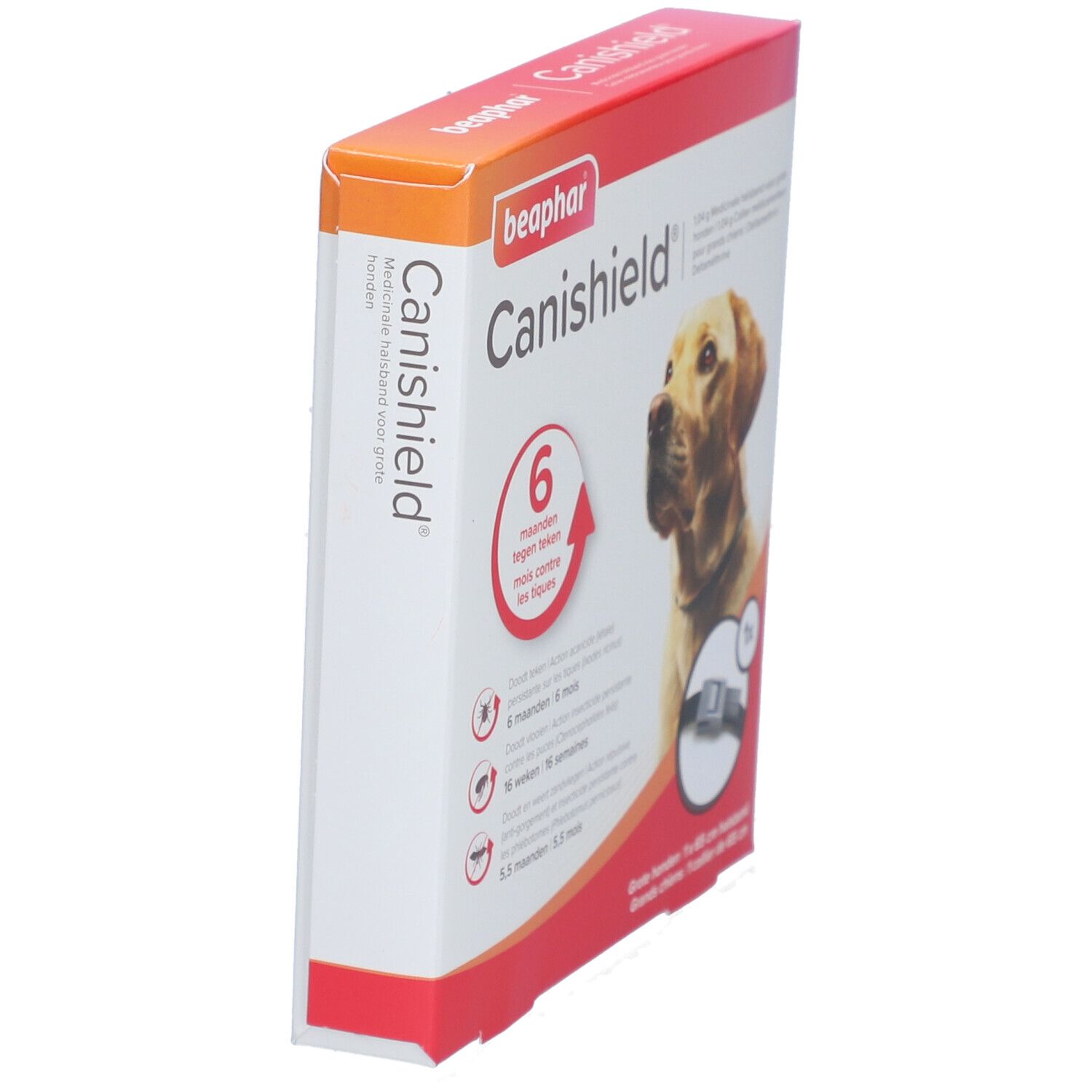 Boîte de produit en biais. Impression: nom du produit et image de chien. Texte: 6 mois.
