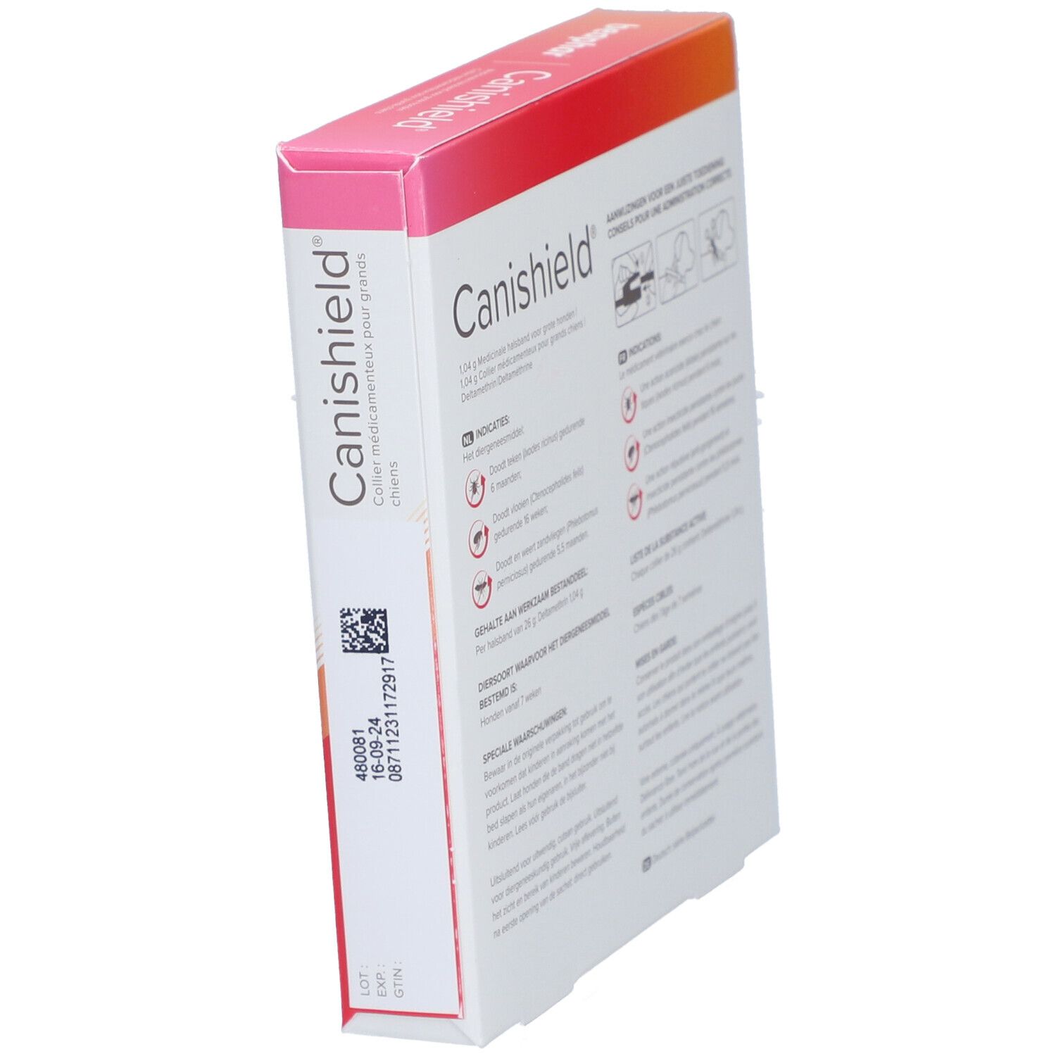 Boîte de produit en biais. Impression: nom du produit et code-barres. Texte avec informations.