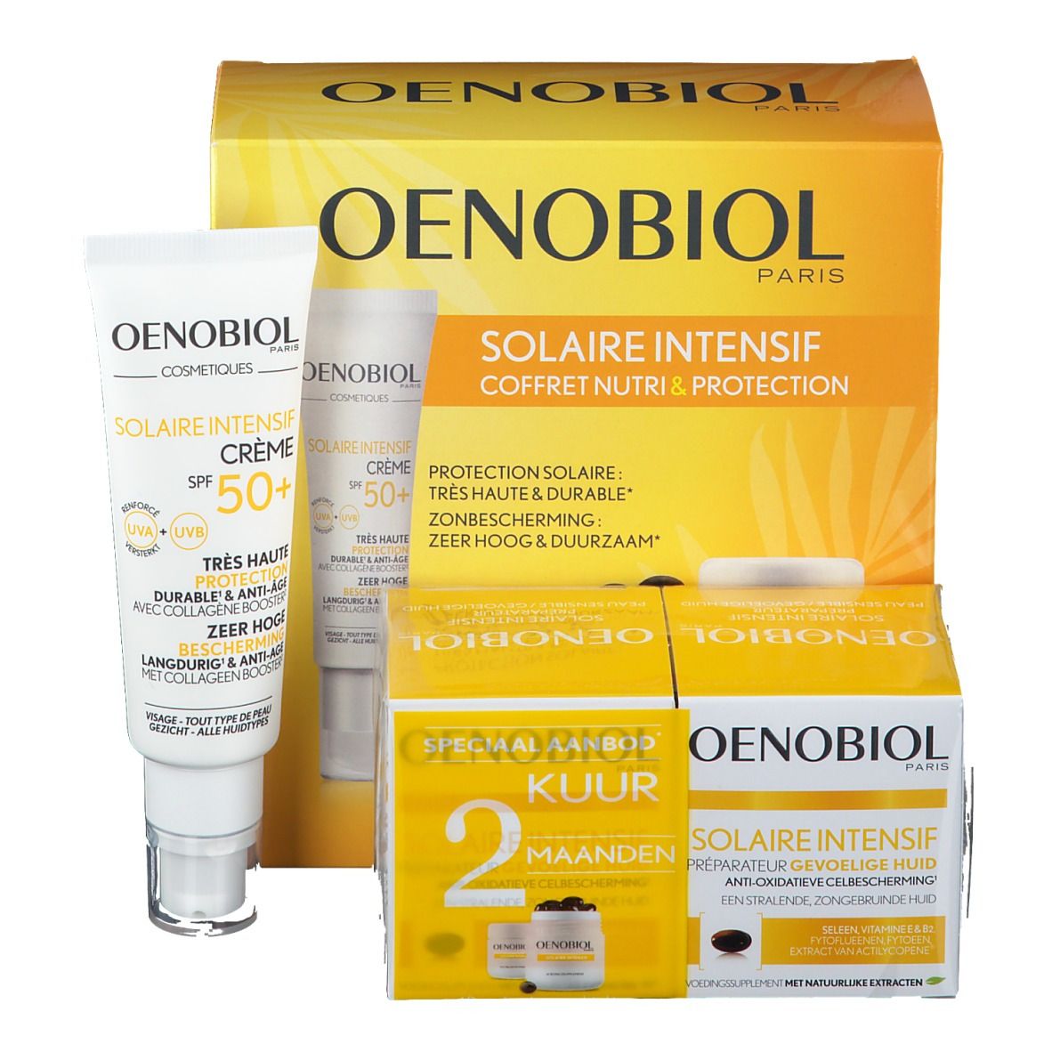 OENOBIOL SOLAR INTENSIF doos met crème en capsules. Crème met SPF 50+. Verpakking met productinformatie.