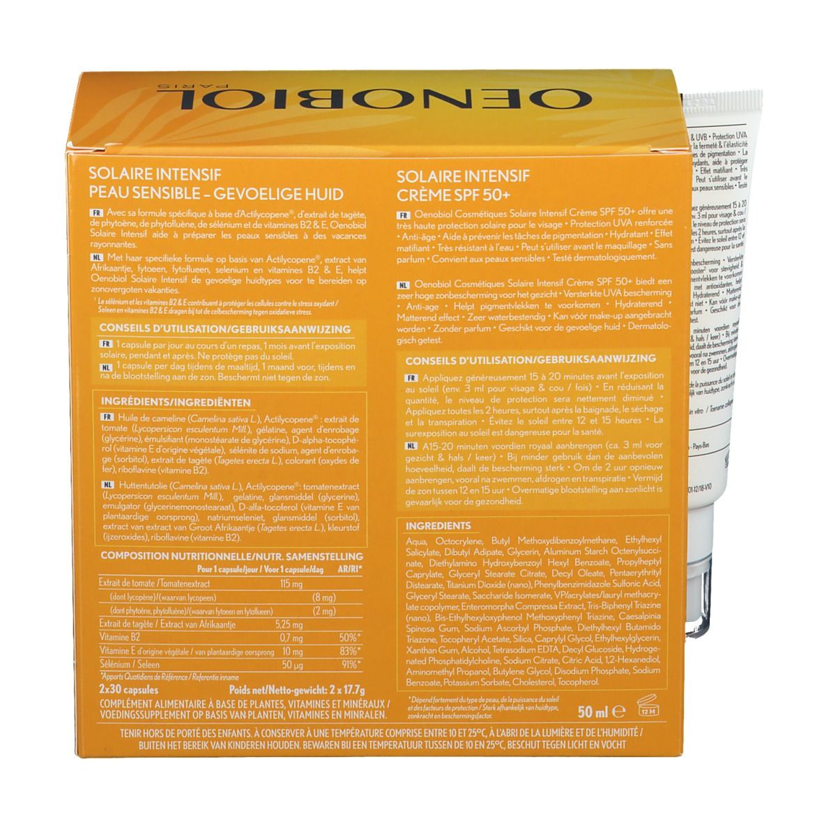 Detailweergave van de OENOBIOL SOLAR INTENSIF verpakking. Productinformatie, ingrediënten en gebruiksaanwijzing.