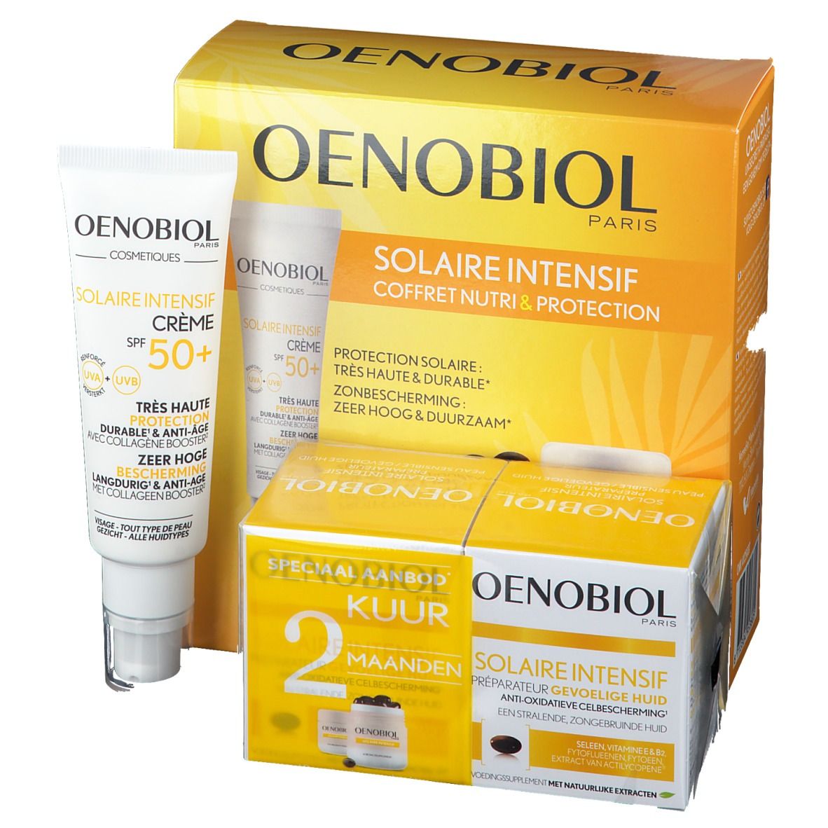 OENOBIOL SOLAR INTENSIF doos met crème en capsules. Crème met SPF 50+. Verpakking met productinformatie.