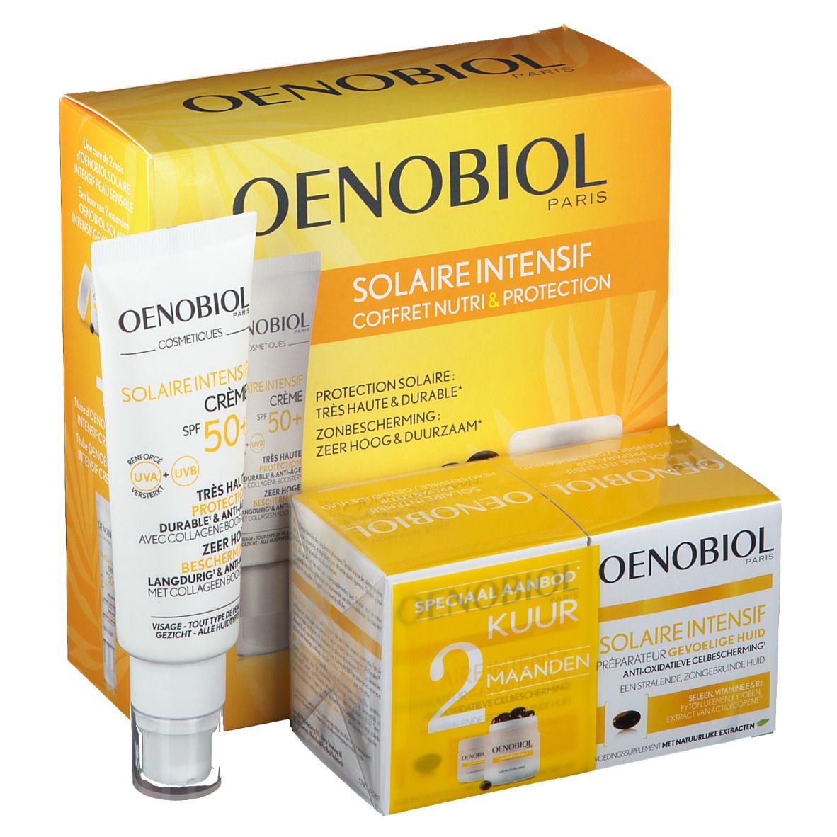 OENOBIOL SOLAR INTENSIF doos met crème en capsules. Crème met SPF 50+. Verpakking met productinformatie.