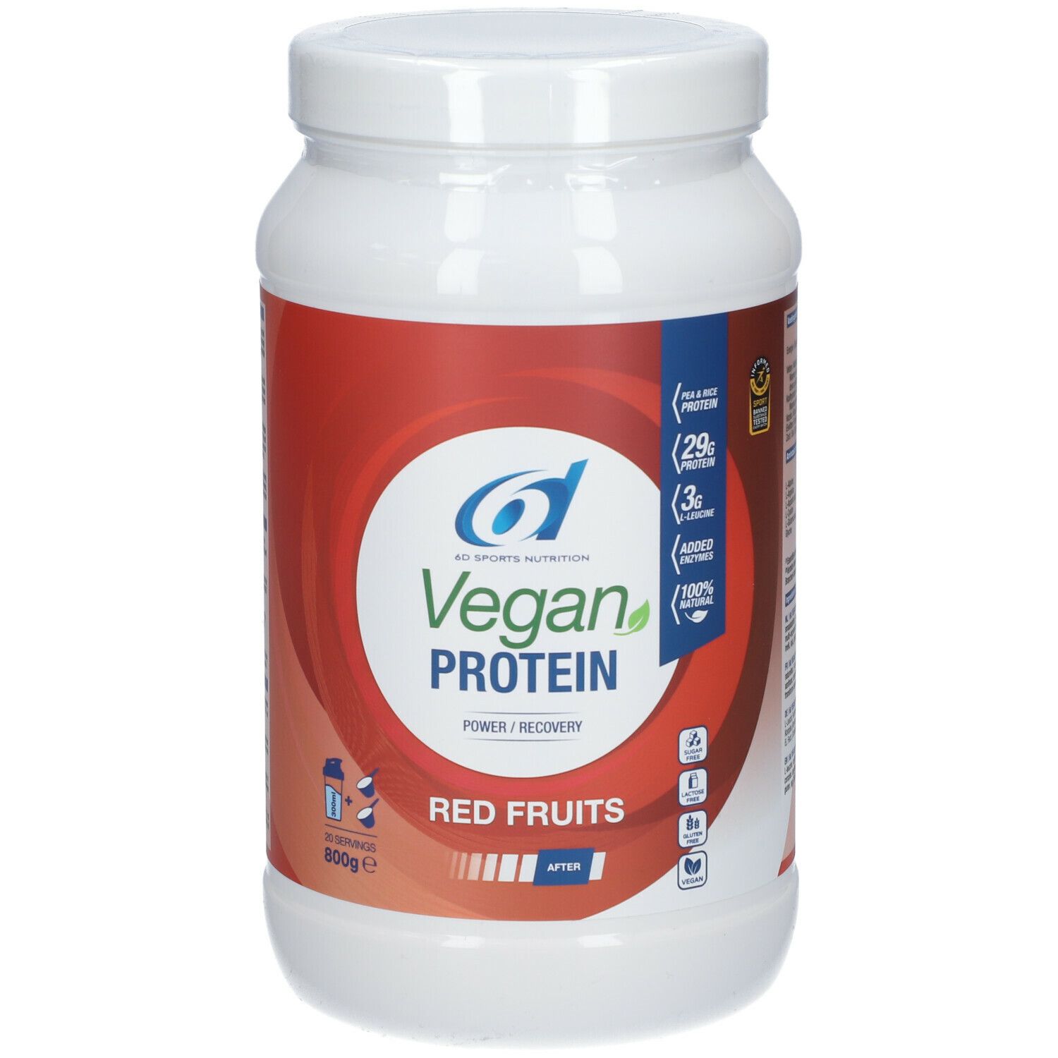 Witte eiwitpoedercontainer met rood etiket. Opschrift: Vegan Protein, Rode Vruchten. 800g. 6D Sports Nutrition.