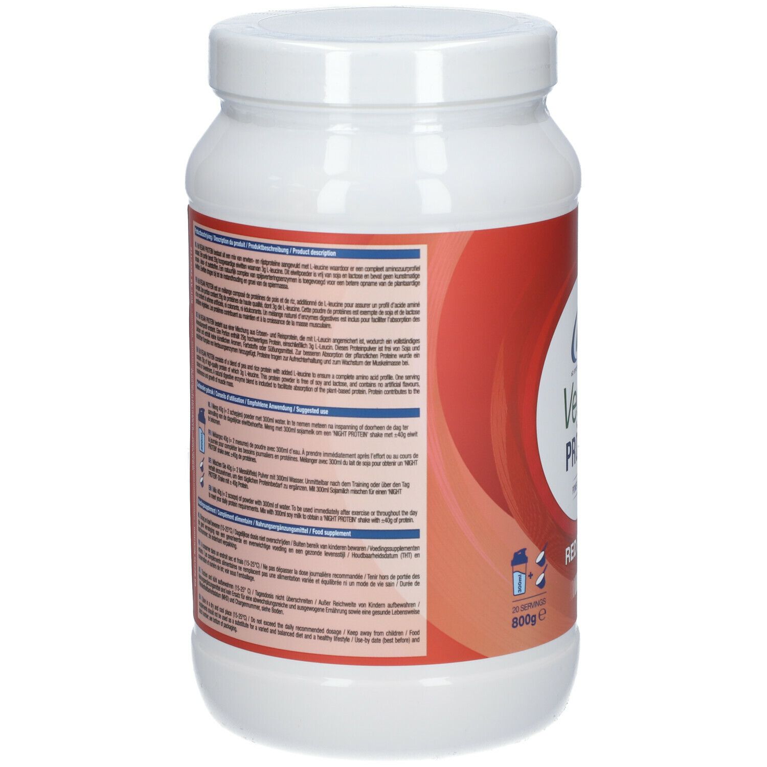 Achterkant van de witte eiwitpoedercontainer. Tekst in meerdere talen. 6D Sports Nutrition Vegan Protein.