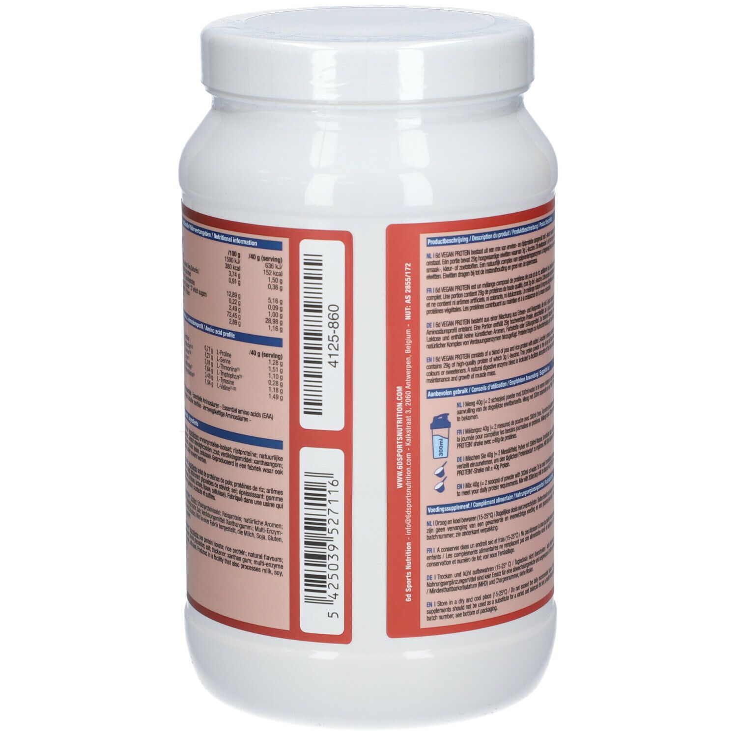 Achterkant van de witte eiwitpoedercontainer. Etiket met voedingswaarde-informatie en barcode. 6D Sports Nutrition.