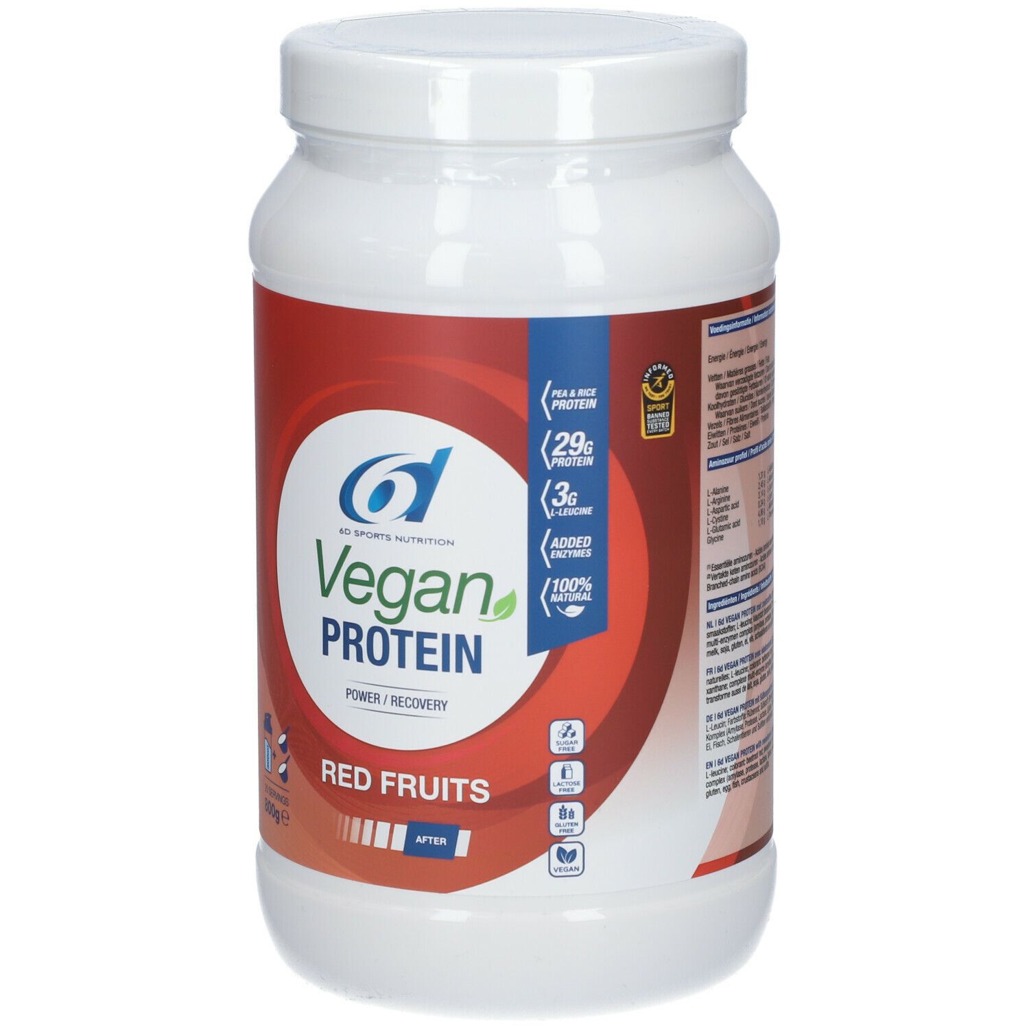 Witte eiwitpoedercontainer met rood etiket. Opschrift: Vegan Protein, Rode Vruchten. 800g. 6D Sports Nutrition.